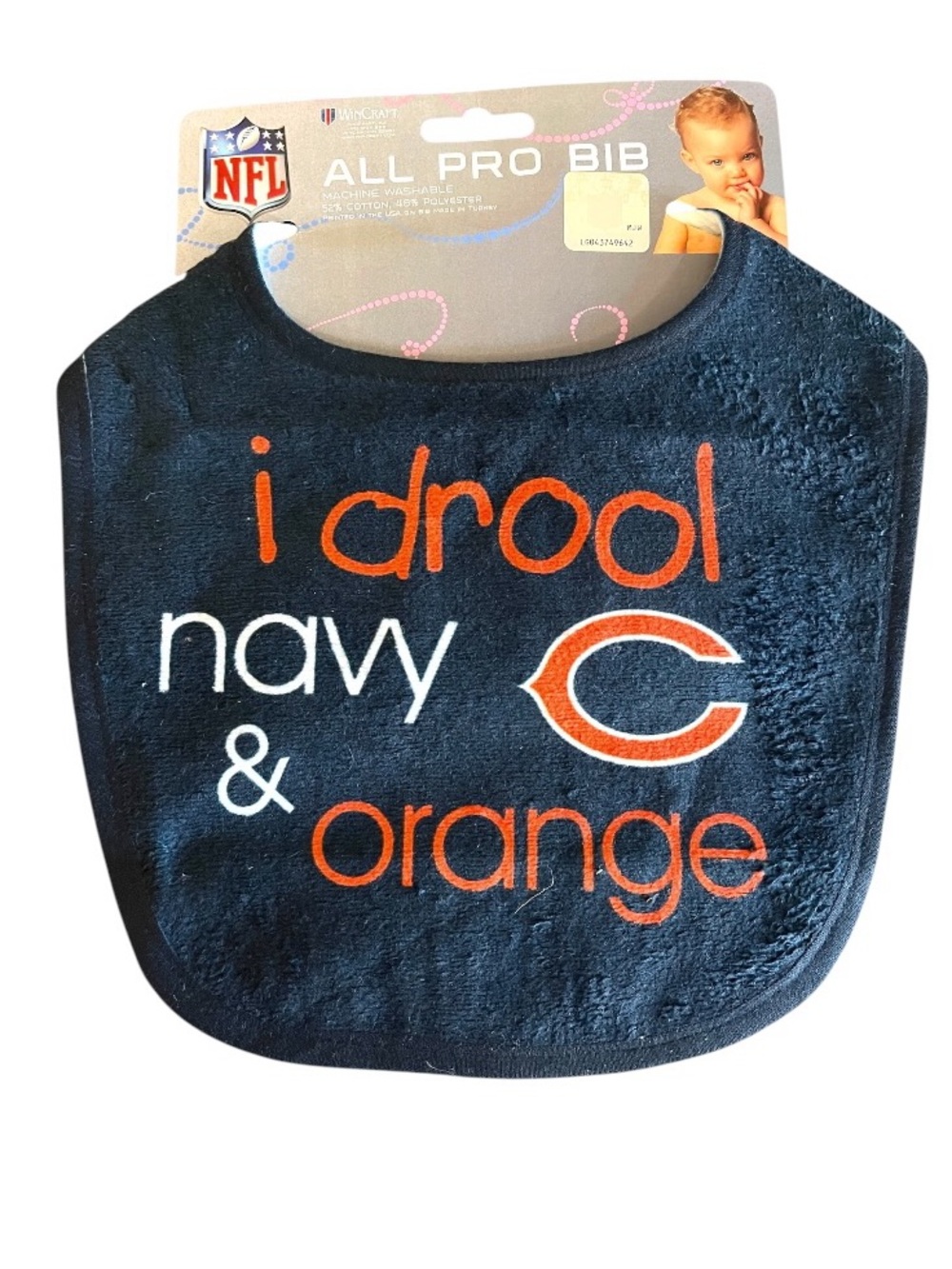 NFL Licensed  Baby Bib - Navy & Orange Bears Logo with I Drool Navy and Orange